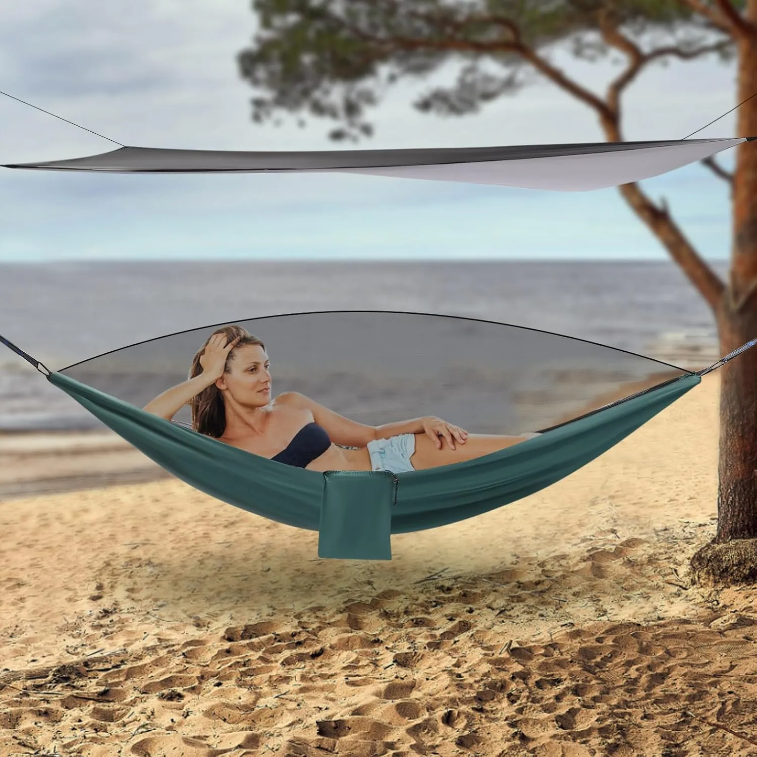 Camping Hammock, Hammock with Mesh Yarn and Rain Fly Tarp, Portable Single & Double Nylon Hammock for Backpacking and Travel