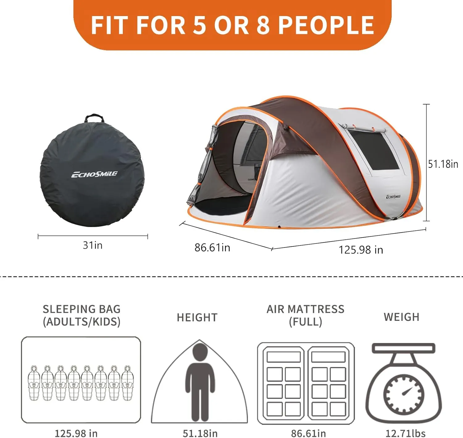 Camping Instant Tent, 4-6 Person Pop Up Tent, Water Resistant Dome Tent, Easy Setup for Camping Hiking and Outdoor, Portable Tent with Carry Bag, for 3 Seasons