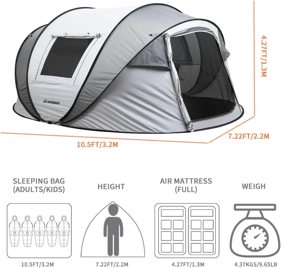 Camping Instant Tent, 4-6 Person Pop Up Tent, Water Resistant Dome Tent, Easy Setup for Camping Hiking and Outdoor, Portable Tent with Carry Bag, for 3 Seasons