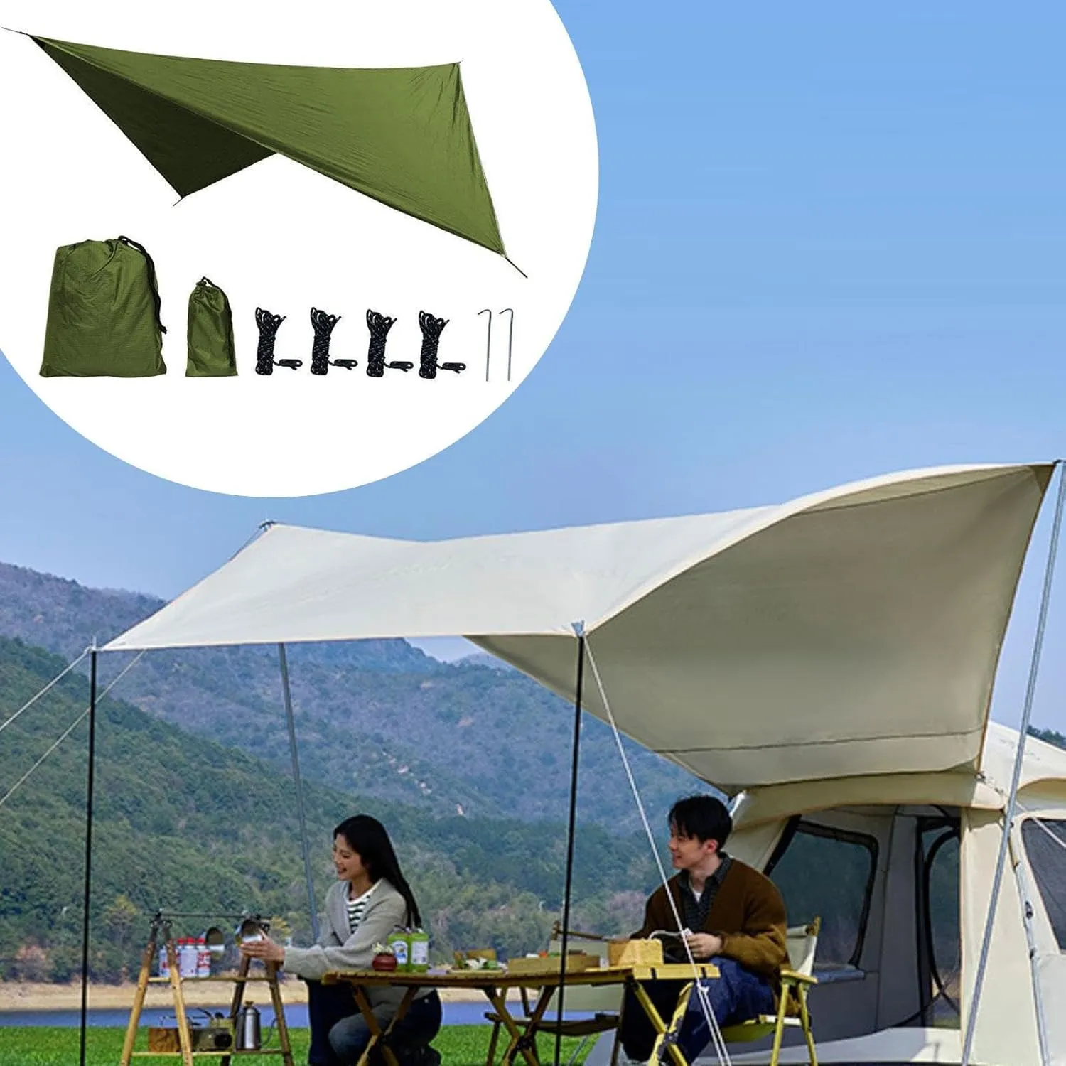 Camping Tarp Tent Tarp Awning Accessories Lightweight Hammock Canopy Rain Awning for Hiking Beach Backyard Outdoor Activities, Green