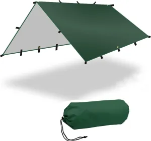 Camping Tarp Waterproof 10x12ft, Ultralight Hammock Rain Fly, Bushcraft Survival Shelter, Portable Ripstop Sunscreen Awning Canopy with Silver Coating for Footprint, Hiking, Outdoor Adventure