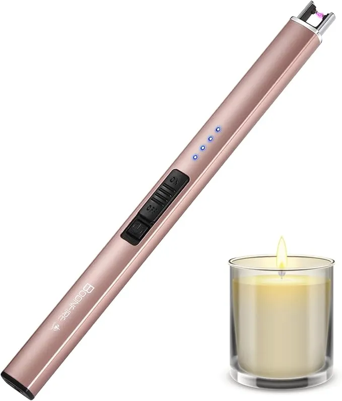 Candle Lighter, Electric Rechargeable Arc Lighter with LED Battery Display Portable USB Charging Flame-Less Windproof Lighters for Light Candles Gas Stoves Camping Barbecue(Rose Gold)