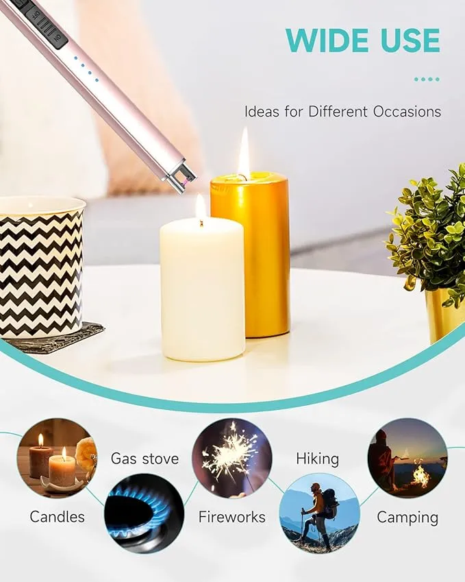 Candle Lighter, Electric Rechargeable Arc Lighter with LED Battery Display Portable USB Charging Flame-Less Windproof Lighters for Light Candles Gas Stoves Camping Barbecue(Rose Gold)