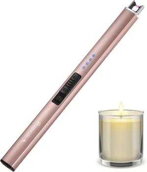 Candle Lighter, Electric Rechargeable Arc Lighter with LED Battery Display Portable USB Charging Flame-Less Windproof Lighters for Light Candles Gas Stoves Camping Barbecue(Rose Gold)