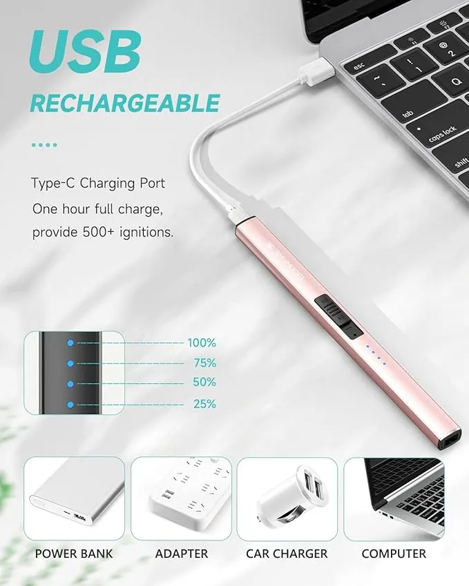 Candle Lighter, Electric Rechargeable Arc Lighter with LED Battery Display Portable USB Charging Flame-Less Windproof Lighters for Light Candles Gas Stoves Camping Barbecue(Rose Gold)