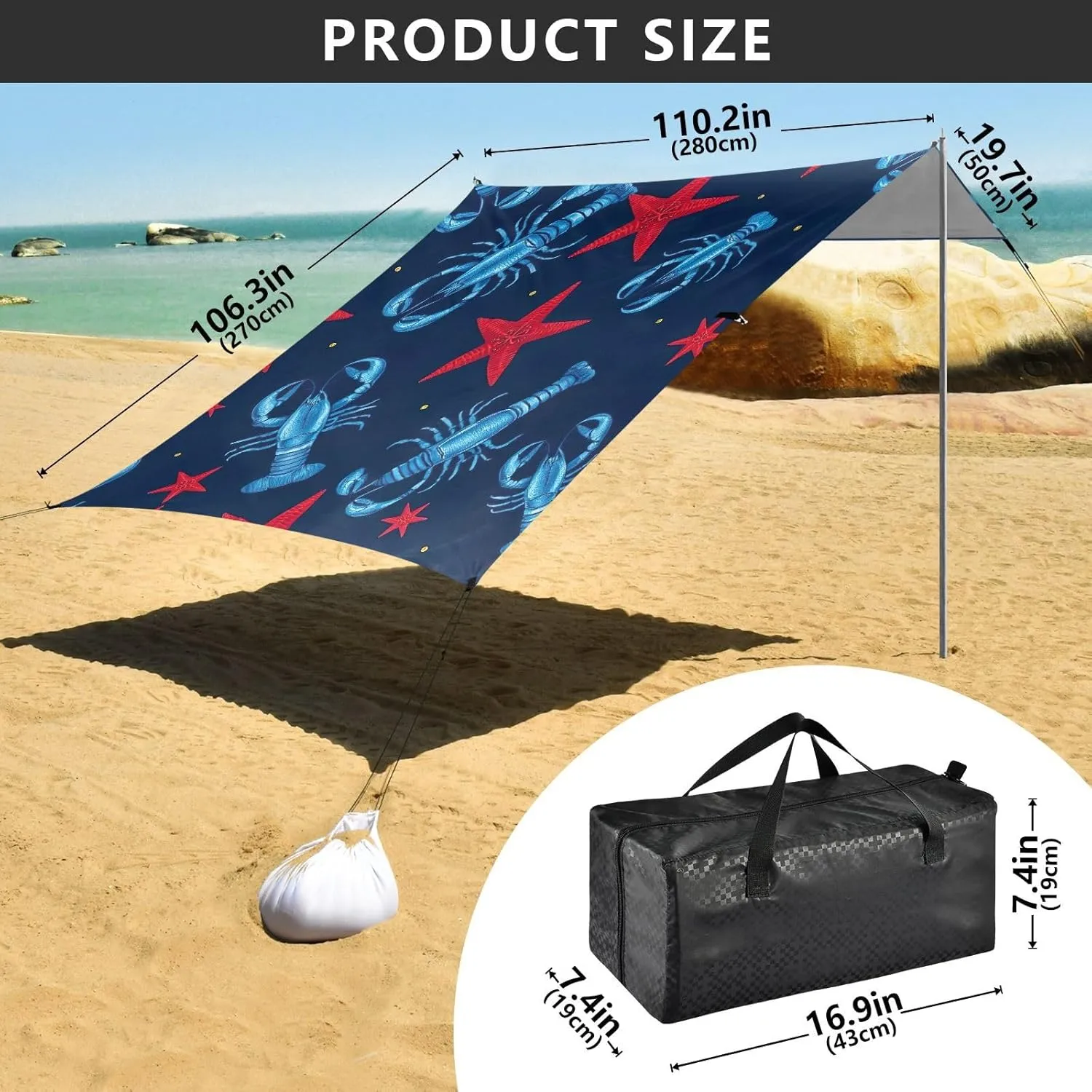 Canopy Beach Tent Outdoor Patio Sun Shade 9.2 × 10.5 FT Nautical Lobster Star Blue Camping Sun Shelter Custom for Adults Windproof with Poles Sand Anchor