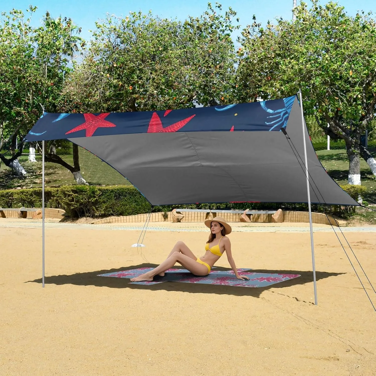 Canopy Beach Tent Outdoor Patio Sun Shade 9.2 × 10.5 FT Nautical Lobster Star Blue Camping Sun Shelter Custom for Adults Windproof with Poles Sand Anchor