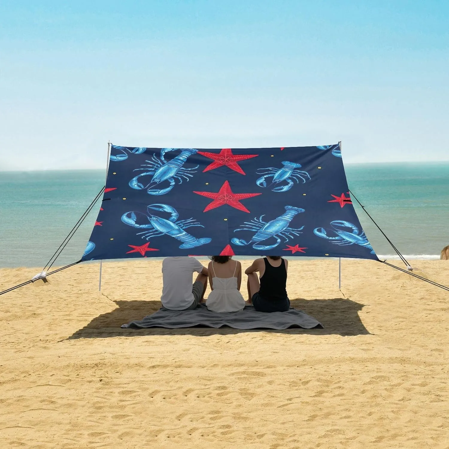 Canopy Beach Tent Outdoor Patio Sun Shade 9.2 × 10.5 FT Nautical Lobster Star Blue Camping Sun Shelter Custom for Adults Windproof with Poles Sand Anchor