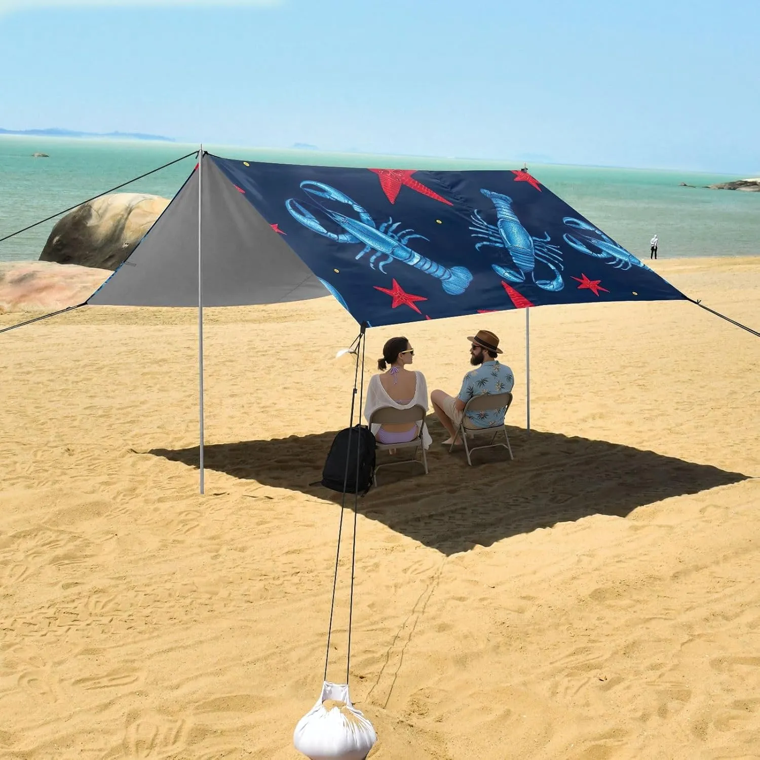 Canopy Beach Tent Outdoor Patio Sun Shade 9.2 × 10.5 FT Nautical Lobster Star Blue Camping Sun Shelter Custom for Adults Windproof with Poles Sand Anchor