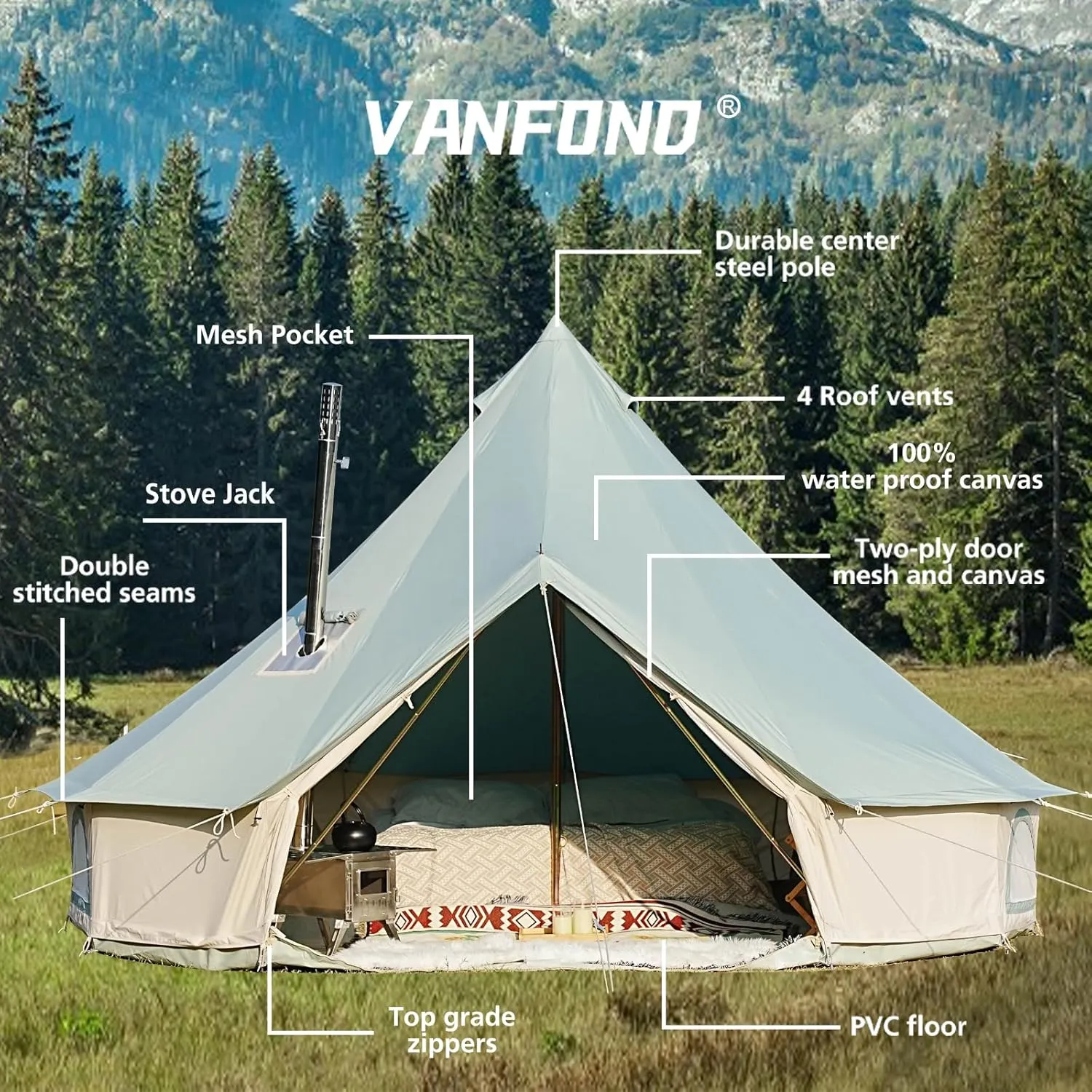 Canvas Bell Tent - 4 Seasons Glamping Yurt with Stove Jack for Family Camping - Waterproof