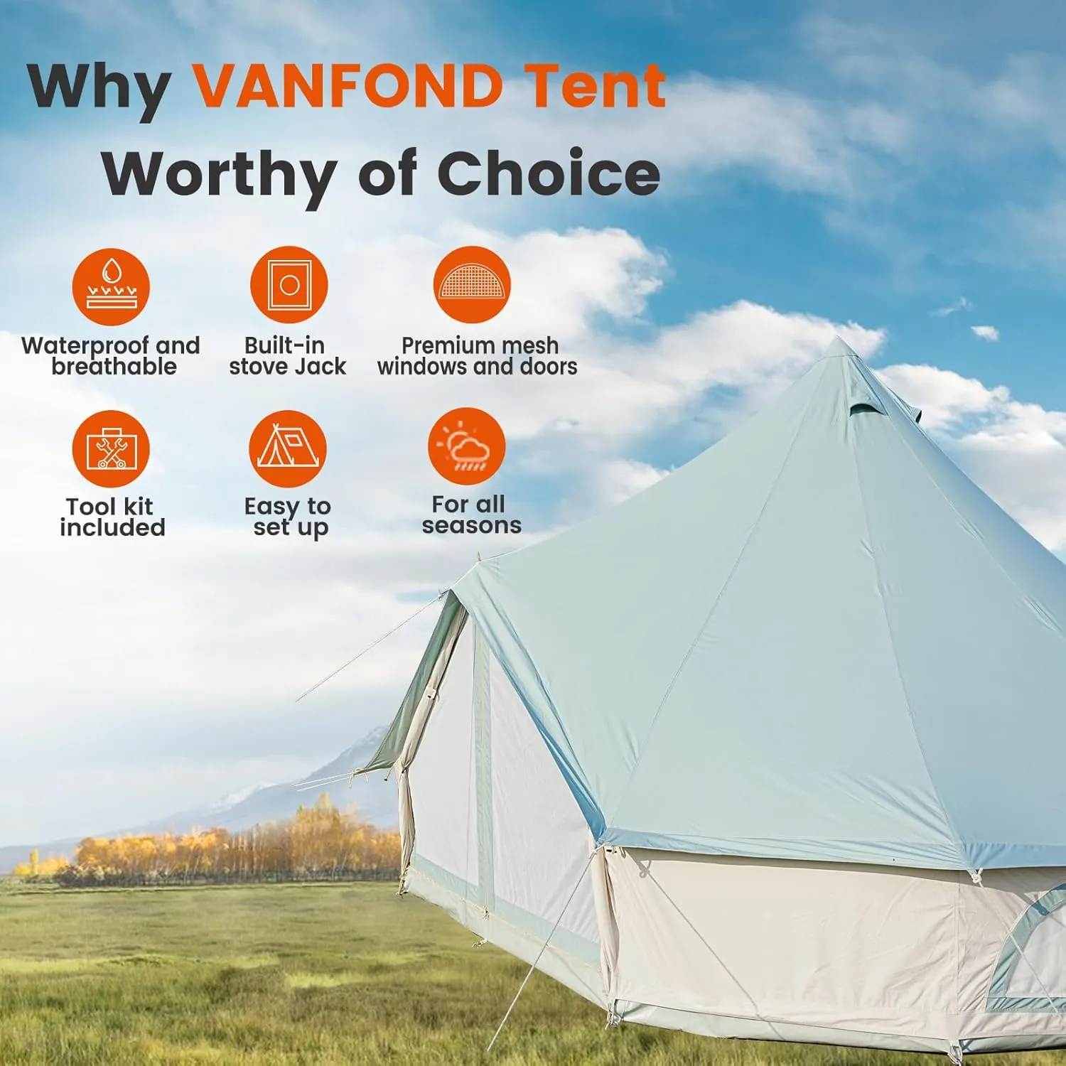 Canvas Bell Tent - 4 Seasons Glamping Yurt with Stove Jack for Family Camping - Waterproof