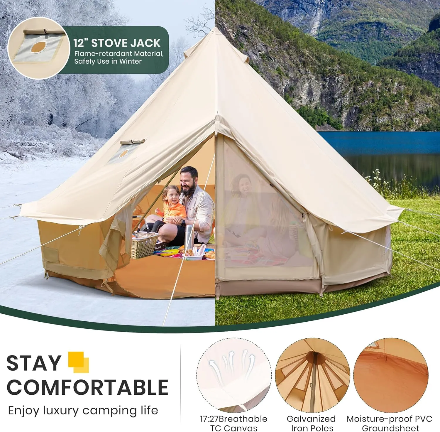 Canvas Bell Yurt Tent, 4-Seasons Shelter with Stove Jack & Waterproof, Luxury Camping Tent for Family Outdoor Adventures, 6-8 Person Use