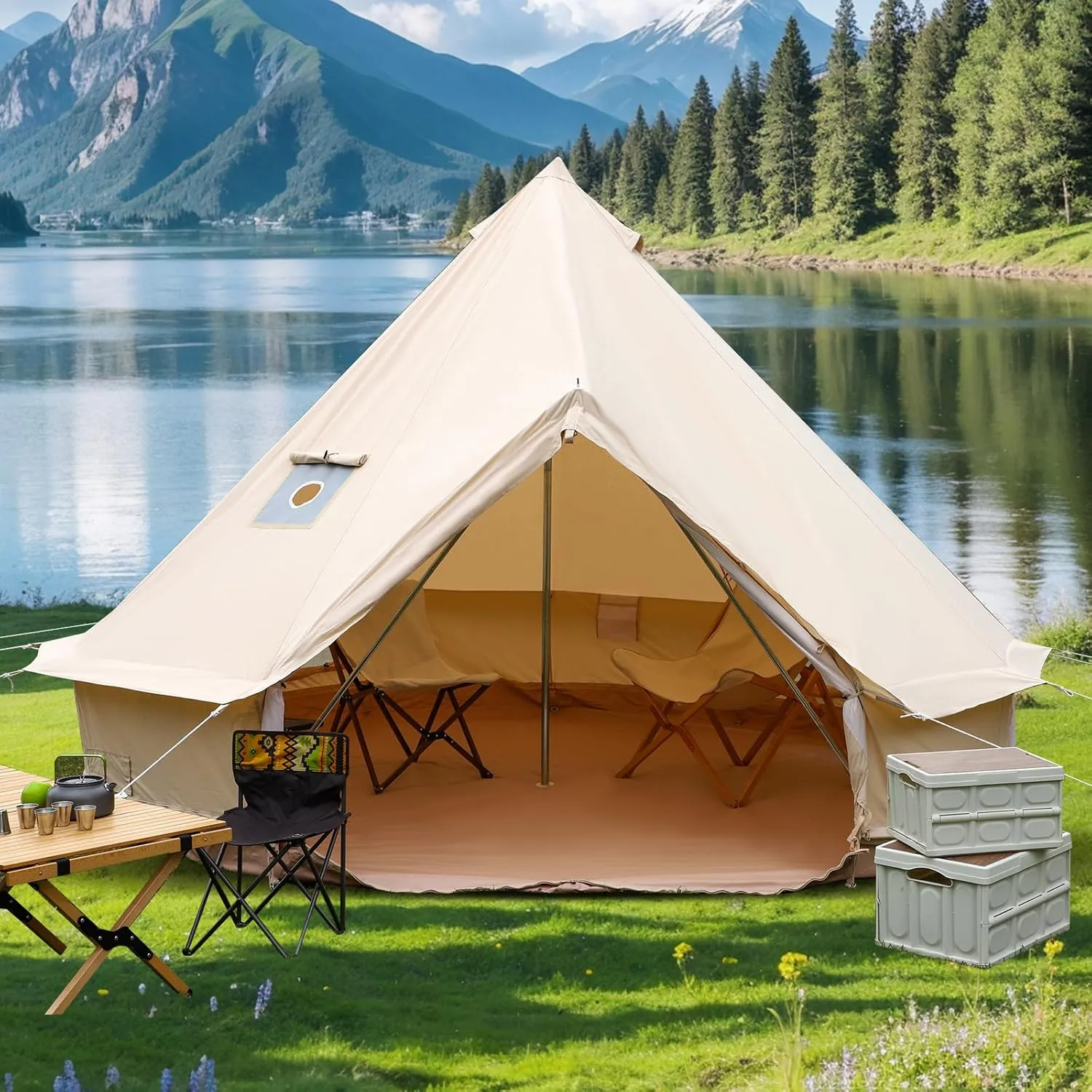 Canvas Bell Yurt Tent, 4-Seasons Shelter with Stove Jack & Waterproof, Luxury Camping Tent for Family Outdoor Adventures, 6-8 Person Use