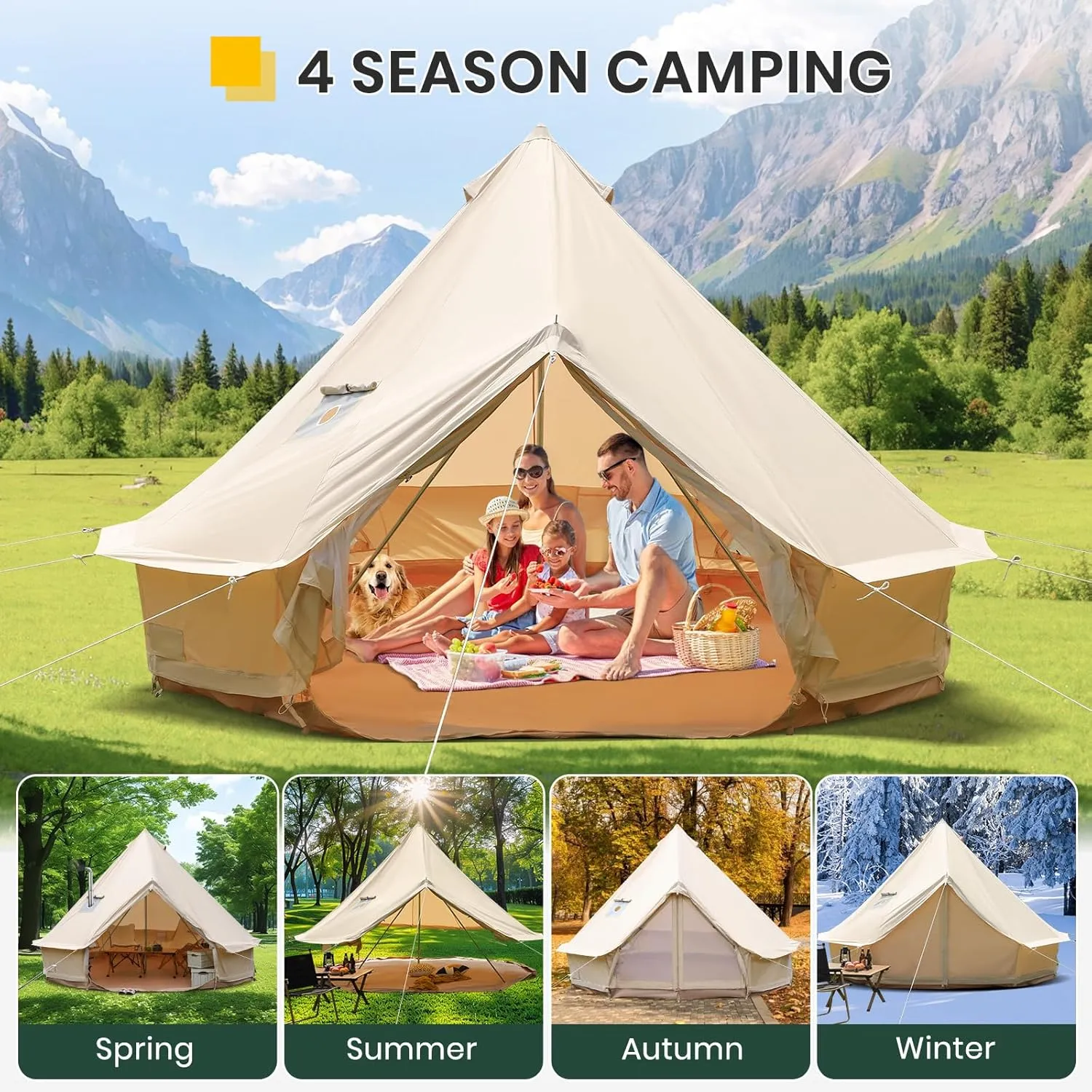 Canvas Bell Yurt Tent, 4-Seasons Shelter with Stove Jack & Waterproof, Luxury Camping Tent for Family Outdoor Adventures, 6-8 Person Use