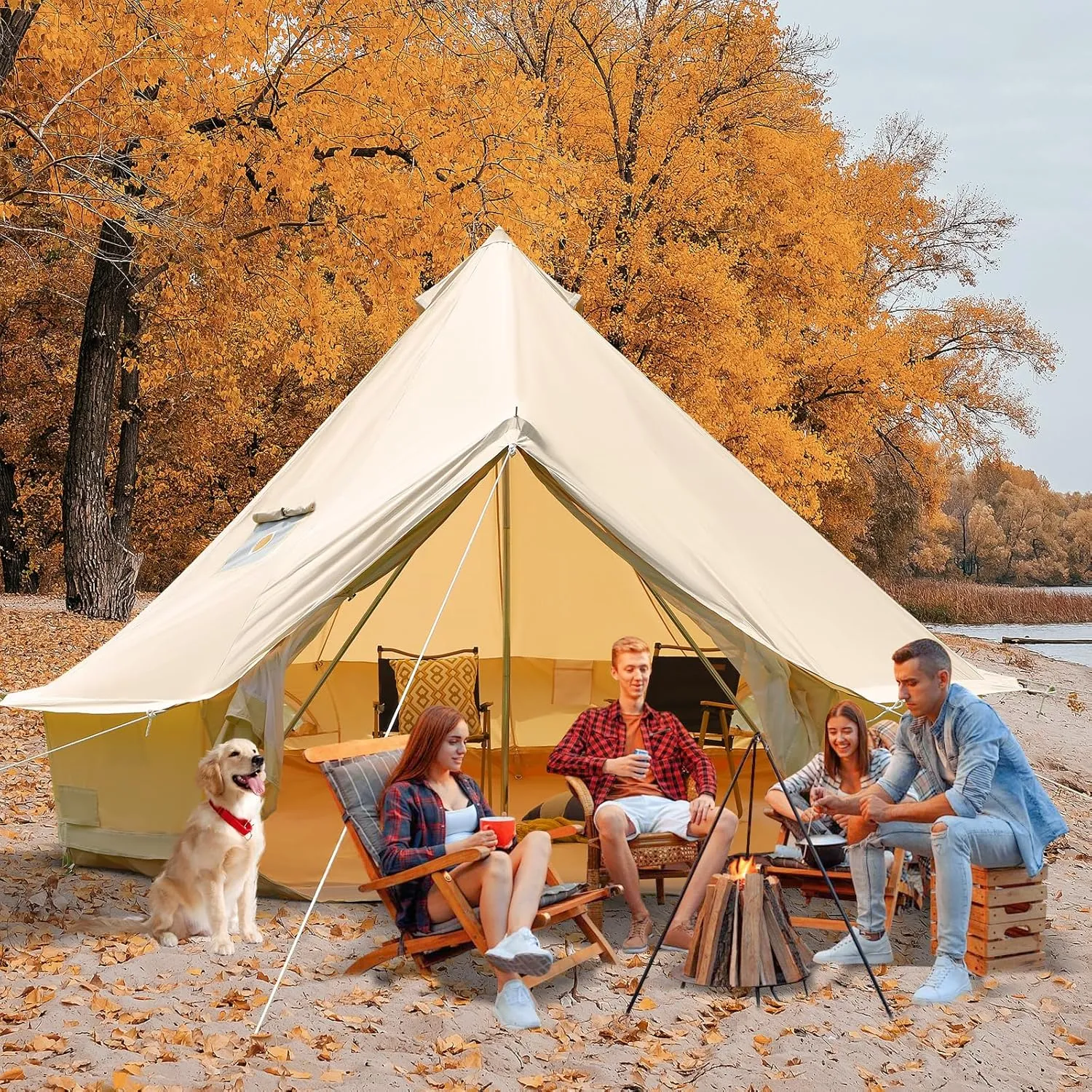 Canvas Bell Yurt Tent, 4-Seasons Shelter with Stove Jack & Waterproof, Luxury Camping Tent for Family Outdoor Adventures, 6-8 Person Use