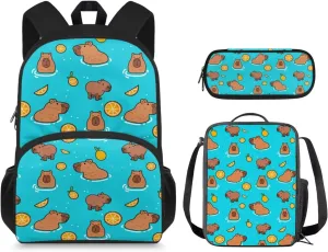 Capybara Backpack for Girls Boys Backpack with Lunch Box and Soft Pencil Case 3 Pcs Set 15" Lightweight Bookbag with Front Pocket for School Large Capacity Kindergarten School Bag for Kids