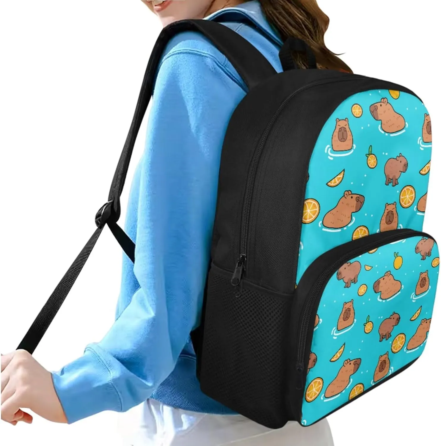 Capybara Backpack for Girls Boys Backpack with Lunch Box and Soft Pencil Case 3 Pcs Set 15" Lightweight Bookbag with Front Pocket for School Large Capacity Kindergarten School Bag for Kids