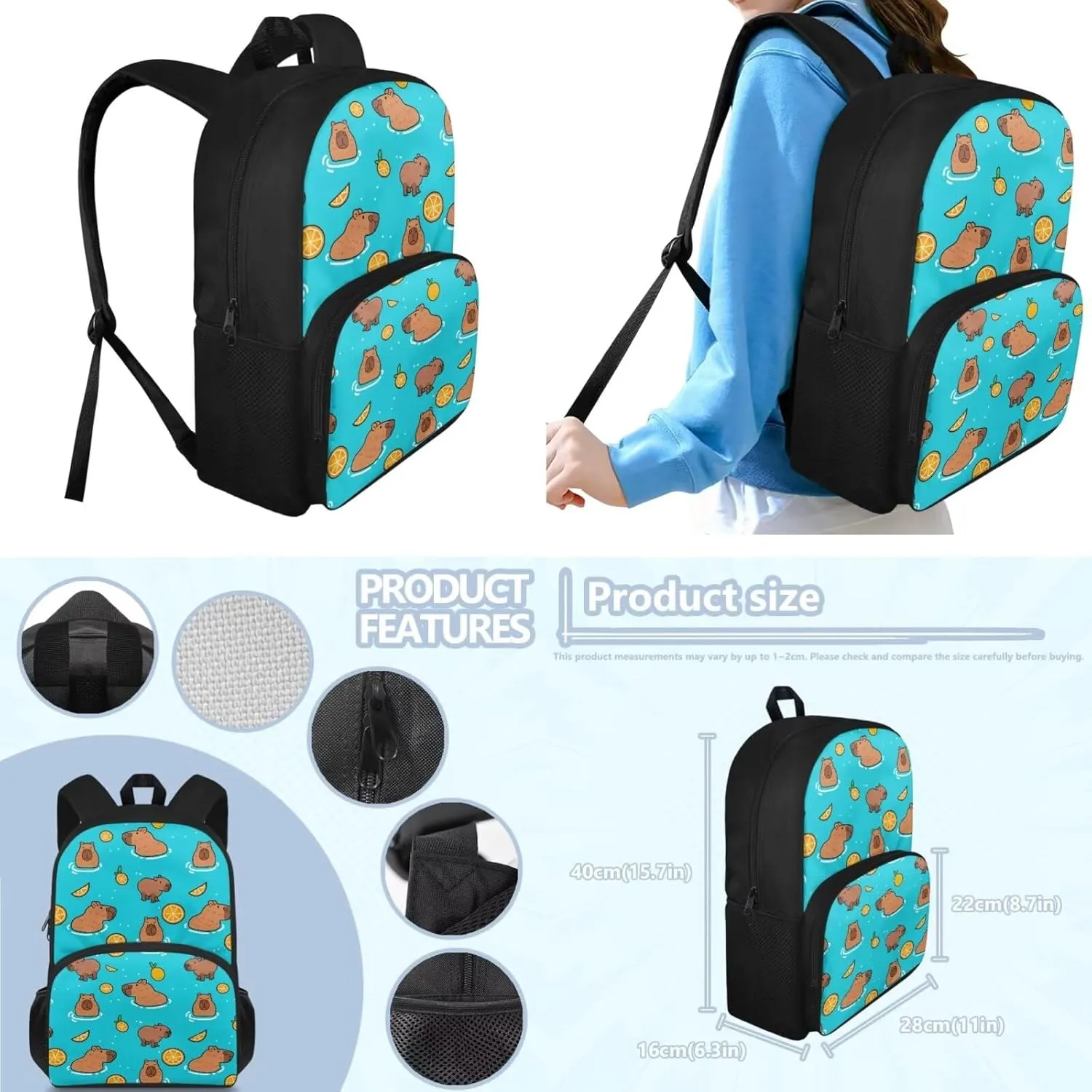 Capybara Backpack for Girls Boys Backpack with Lunch Box and Soft Pencil Case 3 Pcs Set 15" Lightweight Bookbag with Front Pocket for School Large Capacity Kindergarten School Bag for Kids