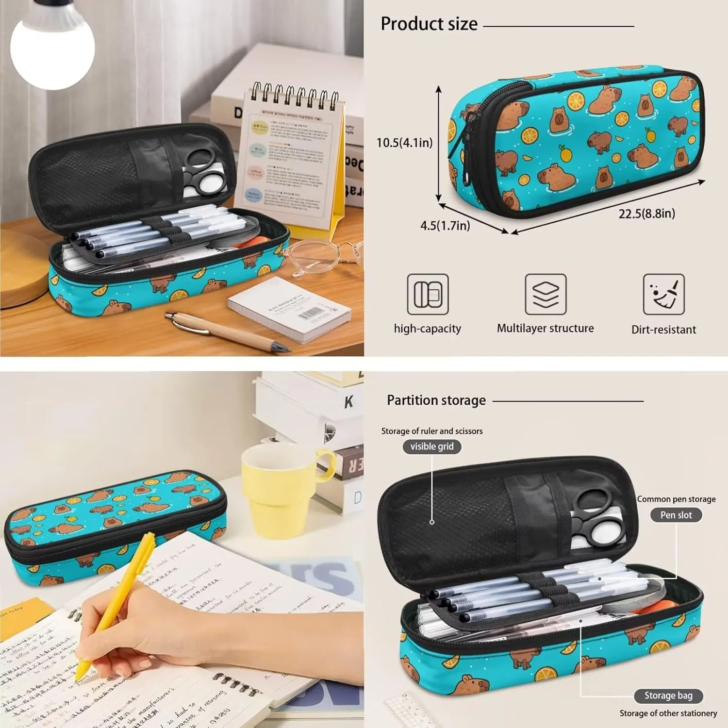 Capybara Backpack for Girls Boys Backpack with Lunch Box and Soft Pencil Case 3 Pcs Set 15" Lightweight Bookbag with Front Pocket for School Large Capacity Kindergarten School Bag for Kids