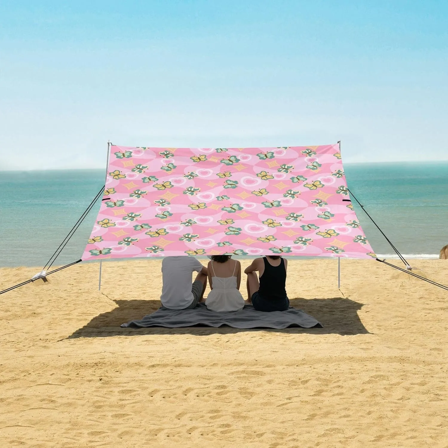 Cartoon Butterfly Beach Canopy Tent Anti-UV & Wind Resistant, Camping Sun Shelter Easy Setup Portable,Outdoor Shade Tents with Sandbags,Sand Shovels,Ground Pegs & Stability Poles