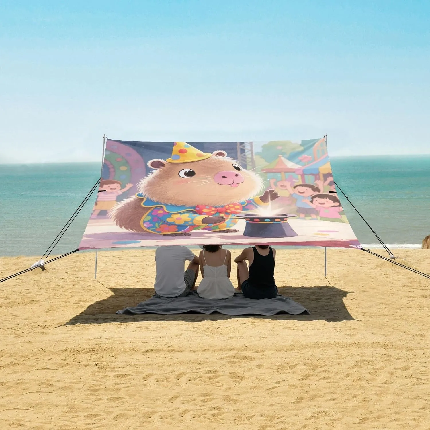 Cartoon Capybara Magician Beach Canopy Tent Anti-UV & Wind Resistant, Camping Sun Shelter Easy Setup Portable,Outdoor Shade Tents with Sandbags,Sand Shovels,Ground Pegs & Stability Poles