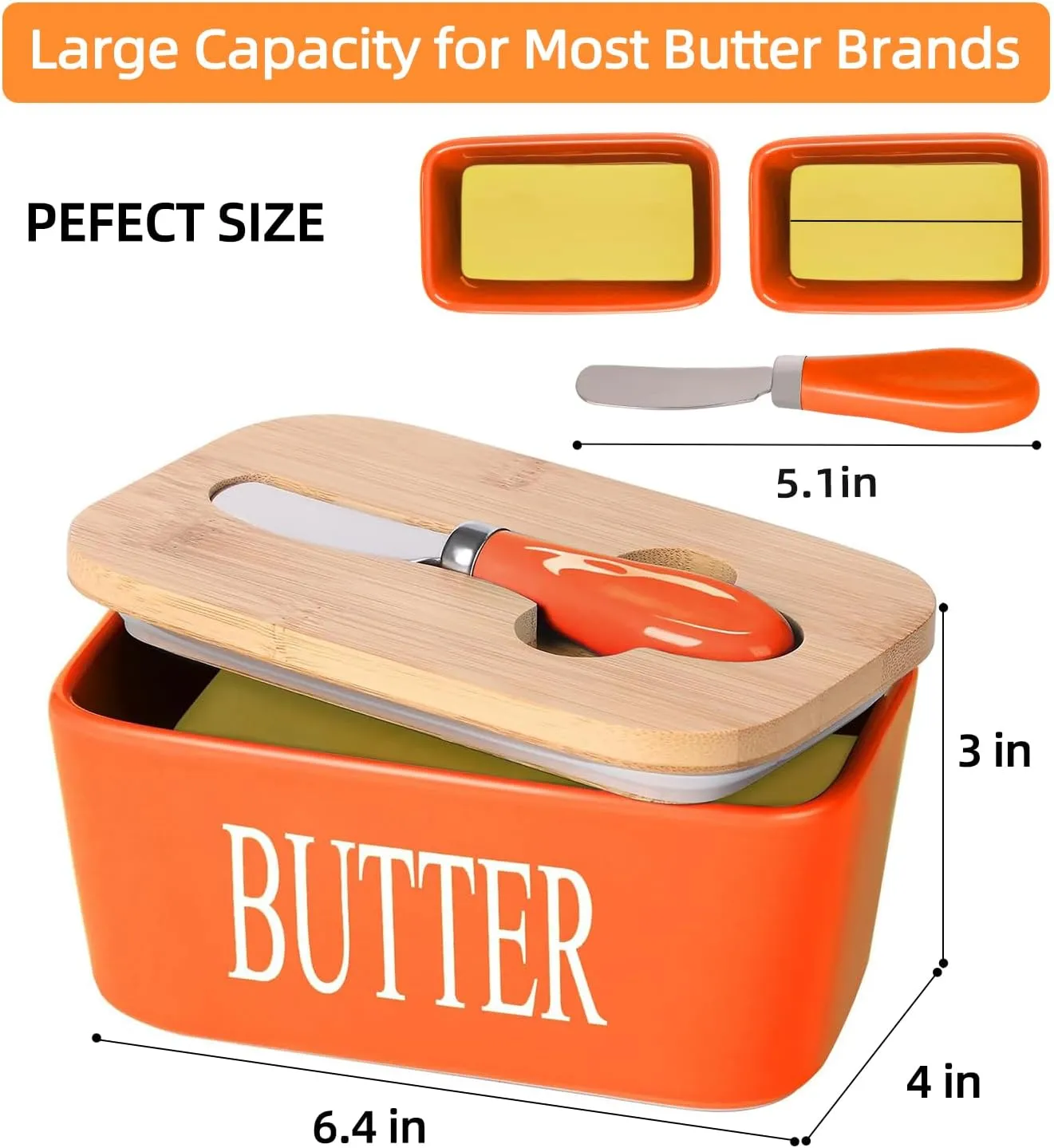 Ceramic Butter Dish with Wooden Lid, Large Butters Container Keeper Storage with Stainless Steel Knife Spreader, Bamboo Cover and Silicone Sealing Ring for West East Coast, Orange