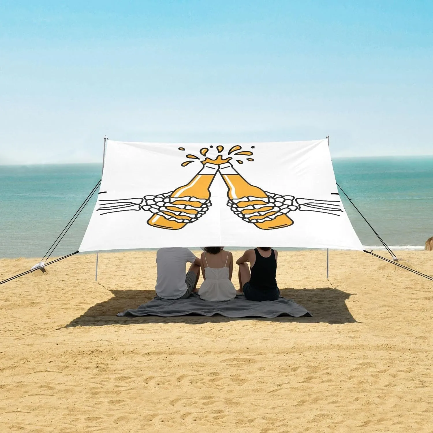 Cheerful Skeleton Hand Beer Beach Canopy Tent Anti-UV & Wind Resistant, Camping Sun Shelter Easy Setup Portable,Outdoor Shade Tents with Sandbags,Sand Shovels,Ground Pegs & Stability Poles