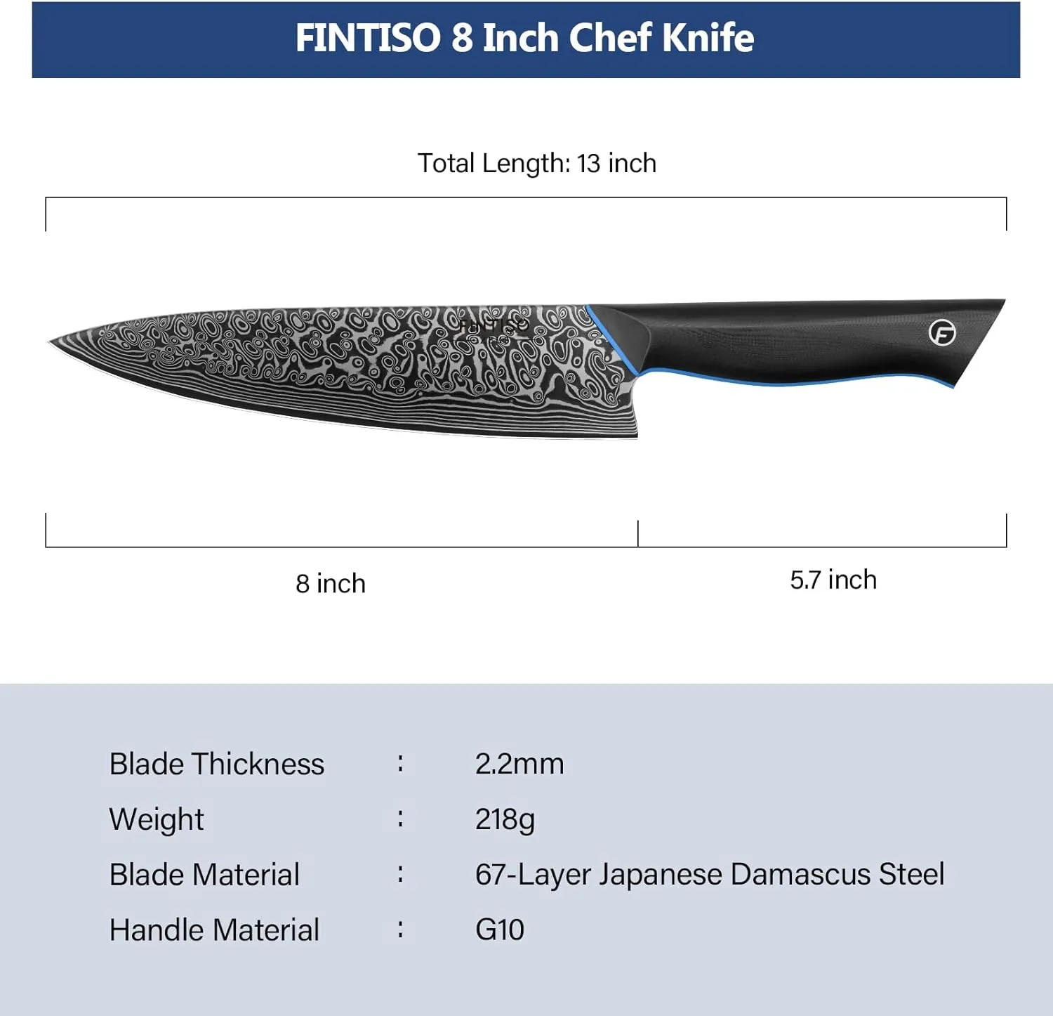 Chef Knife 8 inch, 67-Layer Japanese Damascus Steel Kitchen Knife, Sharp Knife with G10 Handle, Professional Cooking Knives for Home and Kitchen