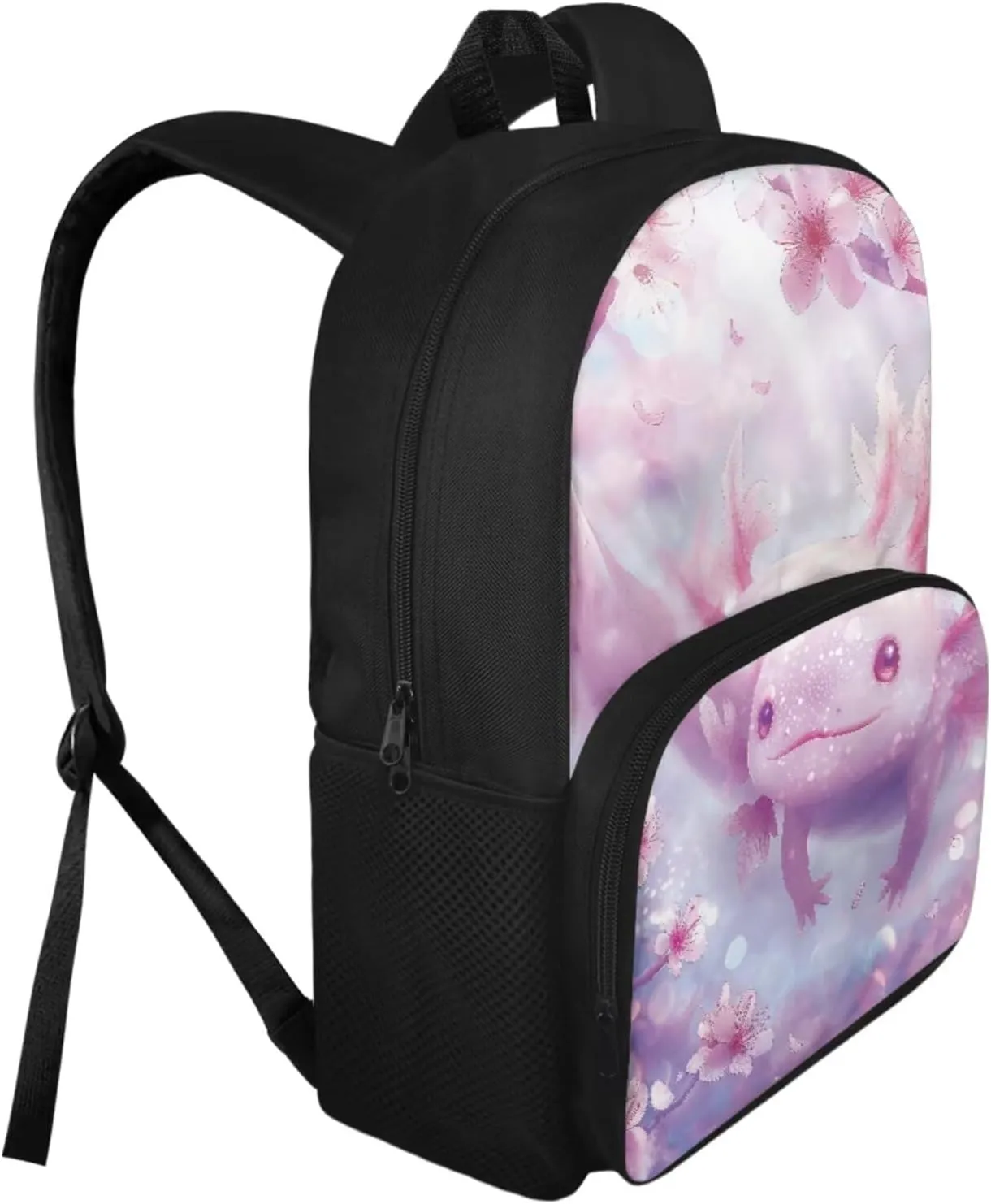 Cherry Blossom Axolotl Backpack for Girls Kids Backpack with Lunch Box and Soft Pencil Case 3Pcs Set 15" Large Capacity Bookbag with Front Pocket for School Lightweight Kindergarten School Bag