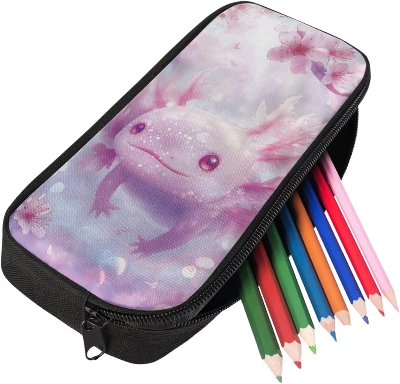 Cherry Blossom Axolotl Backpack for Girls Kids Backpack with Lunch Box and Soft Pencil Case 3Pcs Set 15" Large Capacity Bookbag with Front Pocket for School Lightweight Kindergarten School Bag