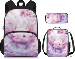 Cherry Blossom Axolotl Backpack for Girls Kids Backpack with Lunch Box and Soft Pencil Case 3Pcs Set 15" Large Capacity Bookbag with Front Pocket for School Lightweight Kindergarten School Bag