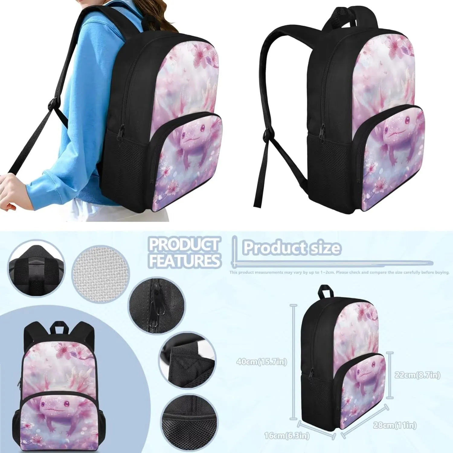 Cherry Blossom Axolotl Backpack for Girls Kids Backpack with Lunch Box and Soft Pencil Case 3Pcs Set 15" Large Capacity Bookbag with Front Pocket for School Lightweight Kindergarten School Bag
