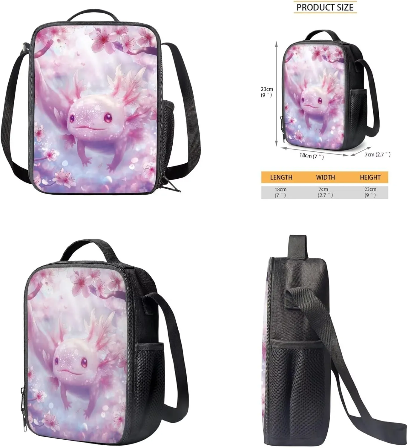 Cherry Blossom Axolotl Backpack for Girls Kids Backpack with Lunch Box and Soft Pencil Case 3Pcs Set 15" Large Capacity Bookbag with Front Pocket for School Lightweight Kindergarten School Bag