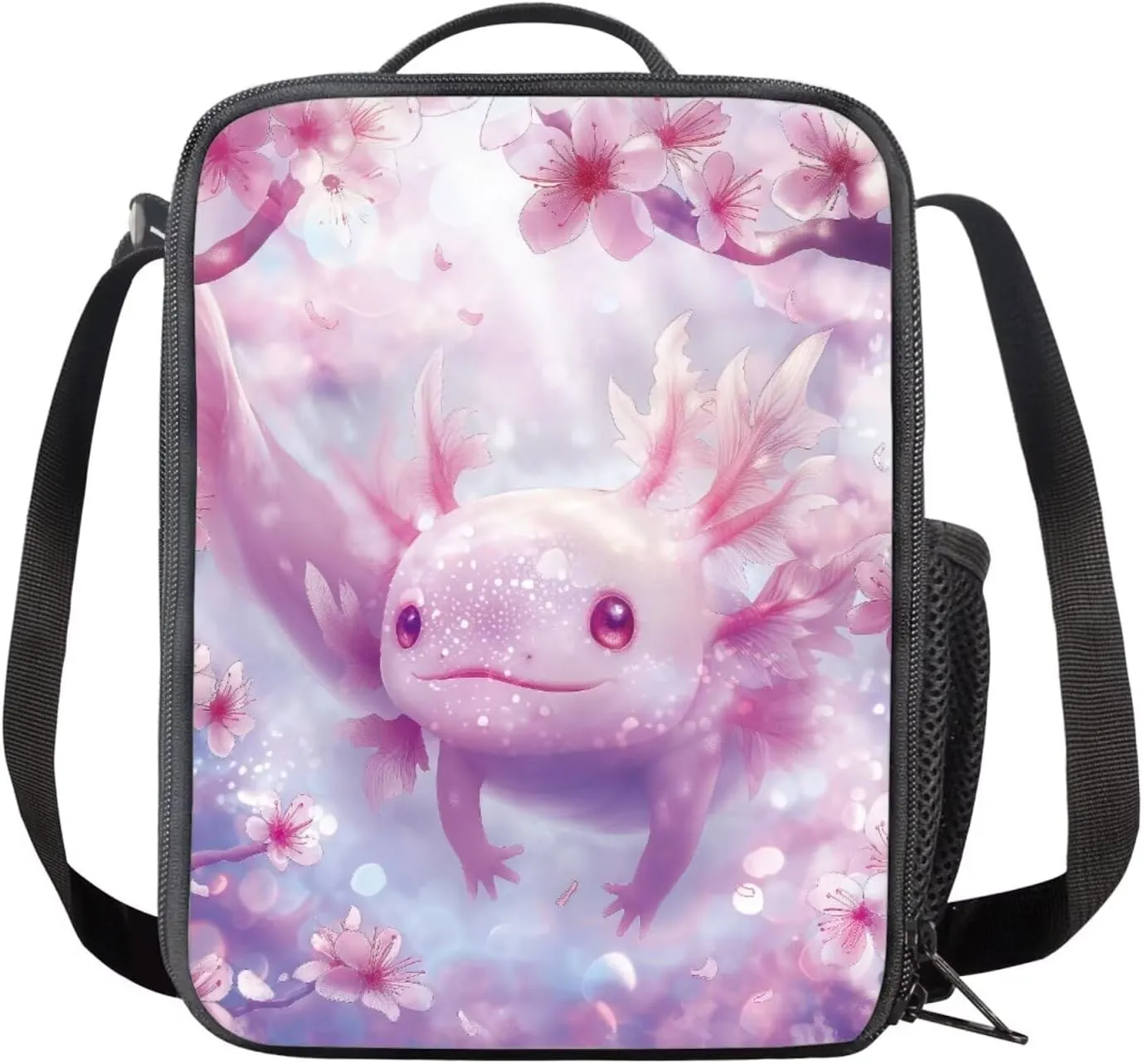Cherry Blossom Axolotl Backpack for Girls Kids Backpack with Lunch Box and Soft Pencil Case 3Pcs Set 15" Large Capacity Bookbag with Front Pocket for School Lightweight Kindergarten School Bag