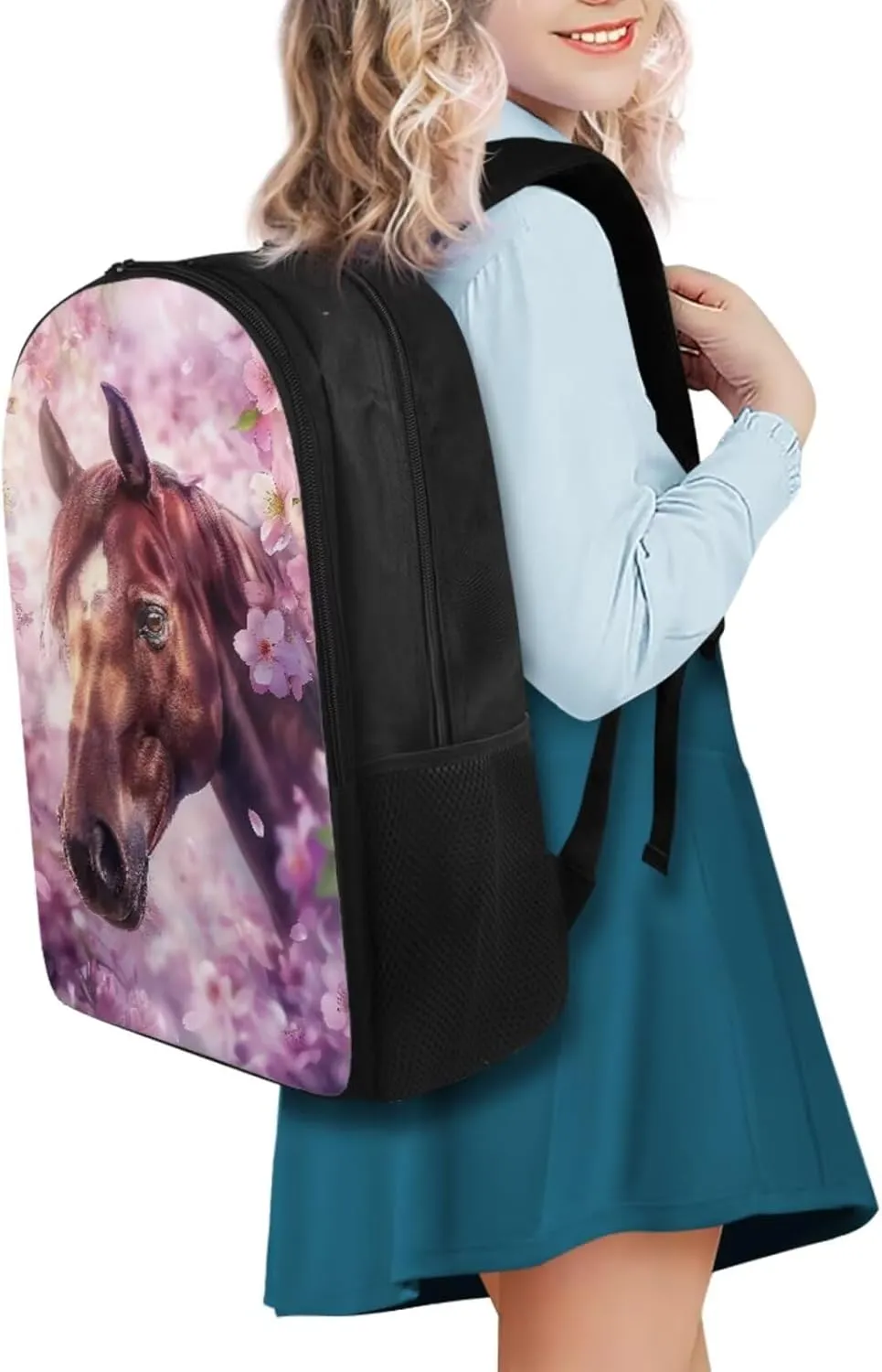 Cherry Blossom Horse Backpack for Girls Kids Backpack with Lunch Box and Aesthetic Pencil Case 3PCS Sturdy Bookbag Set for School Teens 17" Large School Bag with Compartments and Side Pocket