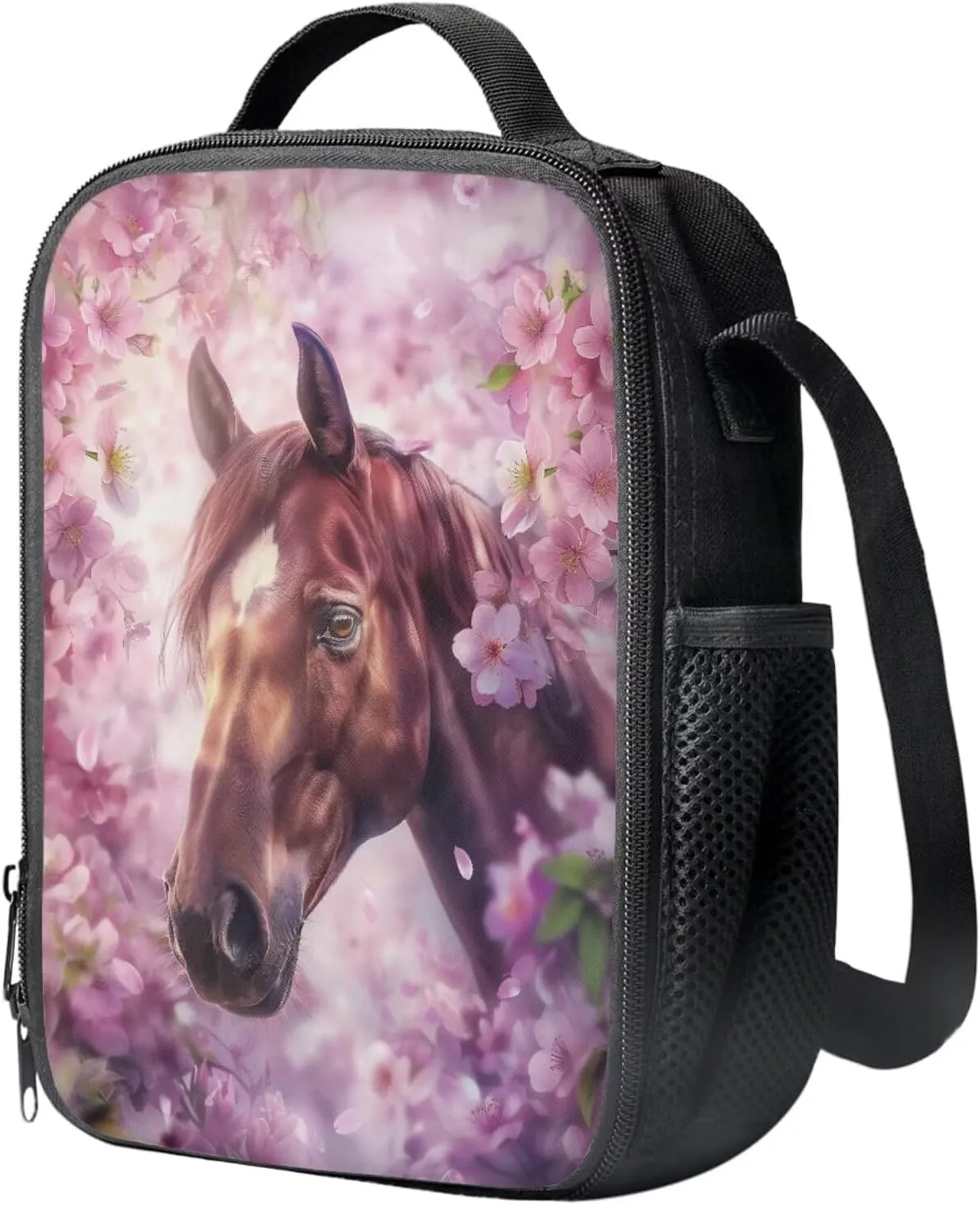 Cherry Blossom Horse Backpack for Girls Kids Backpack with Lunch Box and Aesthetic Pencil Case 3PCS Sturdy Bookbag Set for School Teens 17" Large School Bag with Compartments and Side Pocket