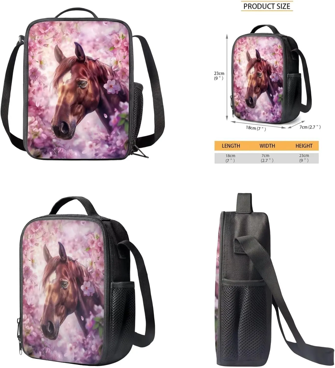 Cherry Blossom Horse Backpack for Girls Kids Backpack with Lunch Box and Aesthetic Pencil Case 3PCS Sturdy Bookbag Set for School Teens 17" Large School Bag with Compartments and Side Pocket