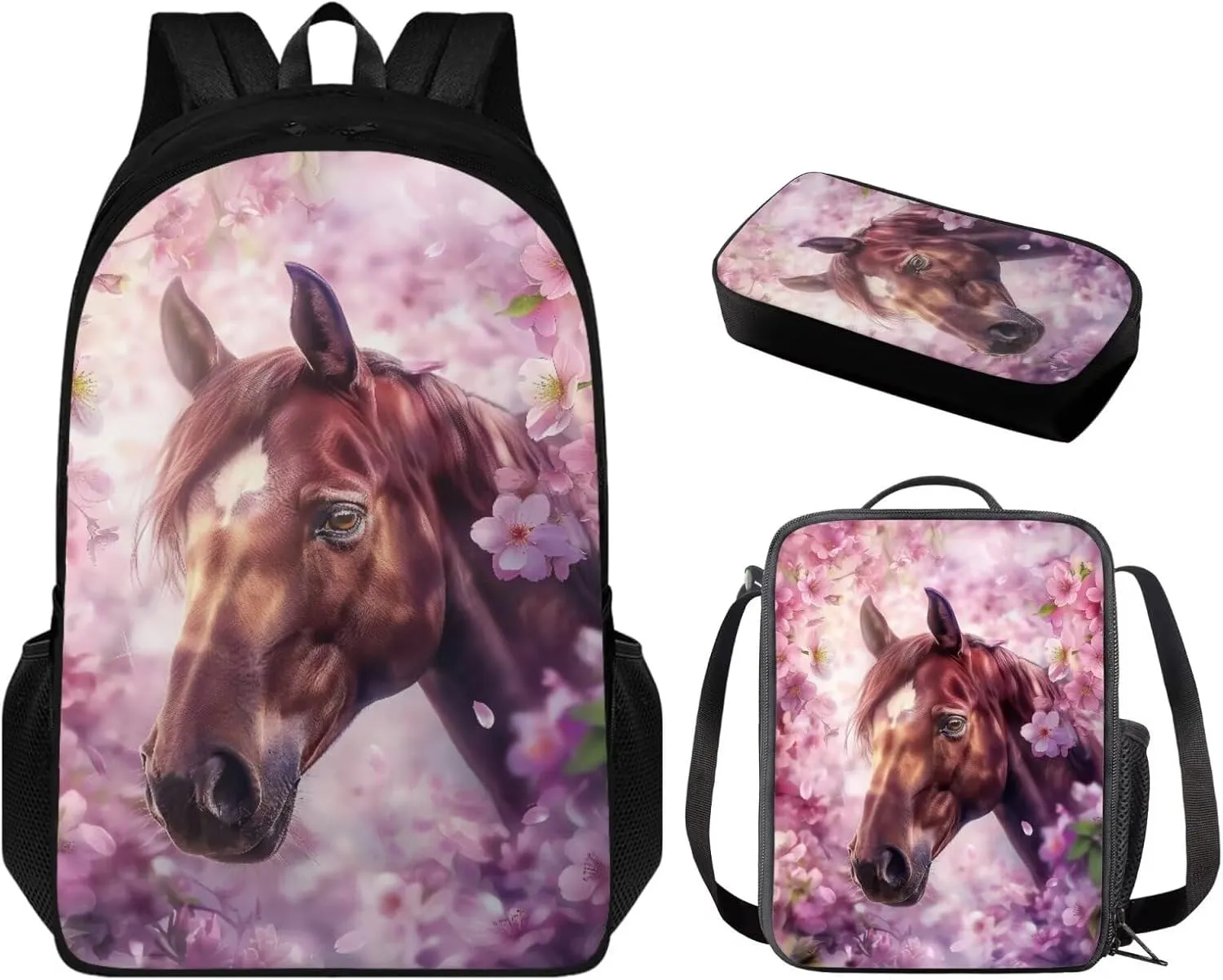 Cherry Blossom Horse Backpack for Girls Kids Backpack with Lunch Box and Aesthetic Pencil Case 3PCS Sturdy Bookbag Set for School Teens 17" Large School Bag with Compartments and Side Pocket