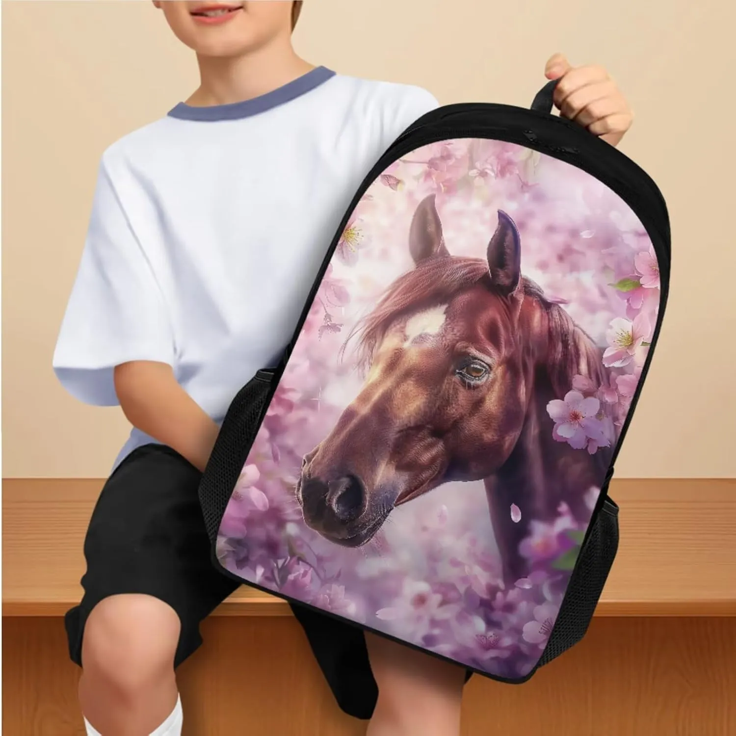Cherry Blossom Horse Backpack for Girls Kids Backpack with Lunch Box and Aesthetic Pencil Case 3PCS Sturdy Bookbag Set for School Teens 17" Large School Bag with Compartments and Side Pocket