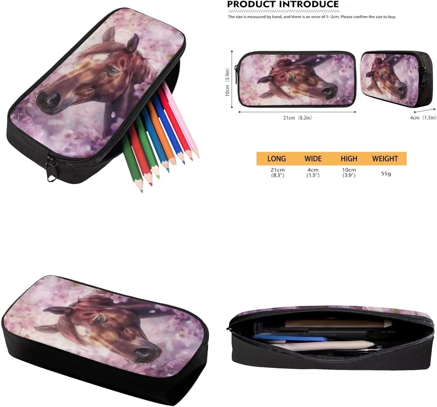 Cherry Blossom Horse Backpack for Girls Kids Backpack with Lunch Box and Aesthetic Pencil Case 3PCS Sturdy Bookbag Set for School Teens 17" Large School Bag with Compartments and Side Pocket