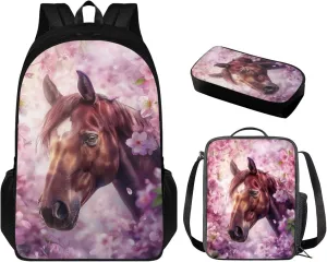 Cherry Blossom Horse Backpack for Girls Kids Backpack with Lunch Box and Aesthetic Pencil Case 3PCS Sturdy Bookbag Set for School Teens 17" Large School Bag with Compartments and Side Pocket