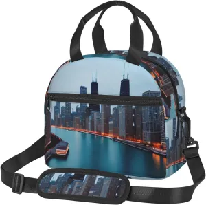 Chicago Print Lunch Bag Tote Reusable Lunch Box Container with Shoulder Strap Work Picnic Adult