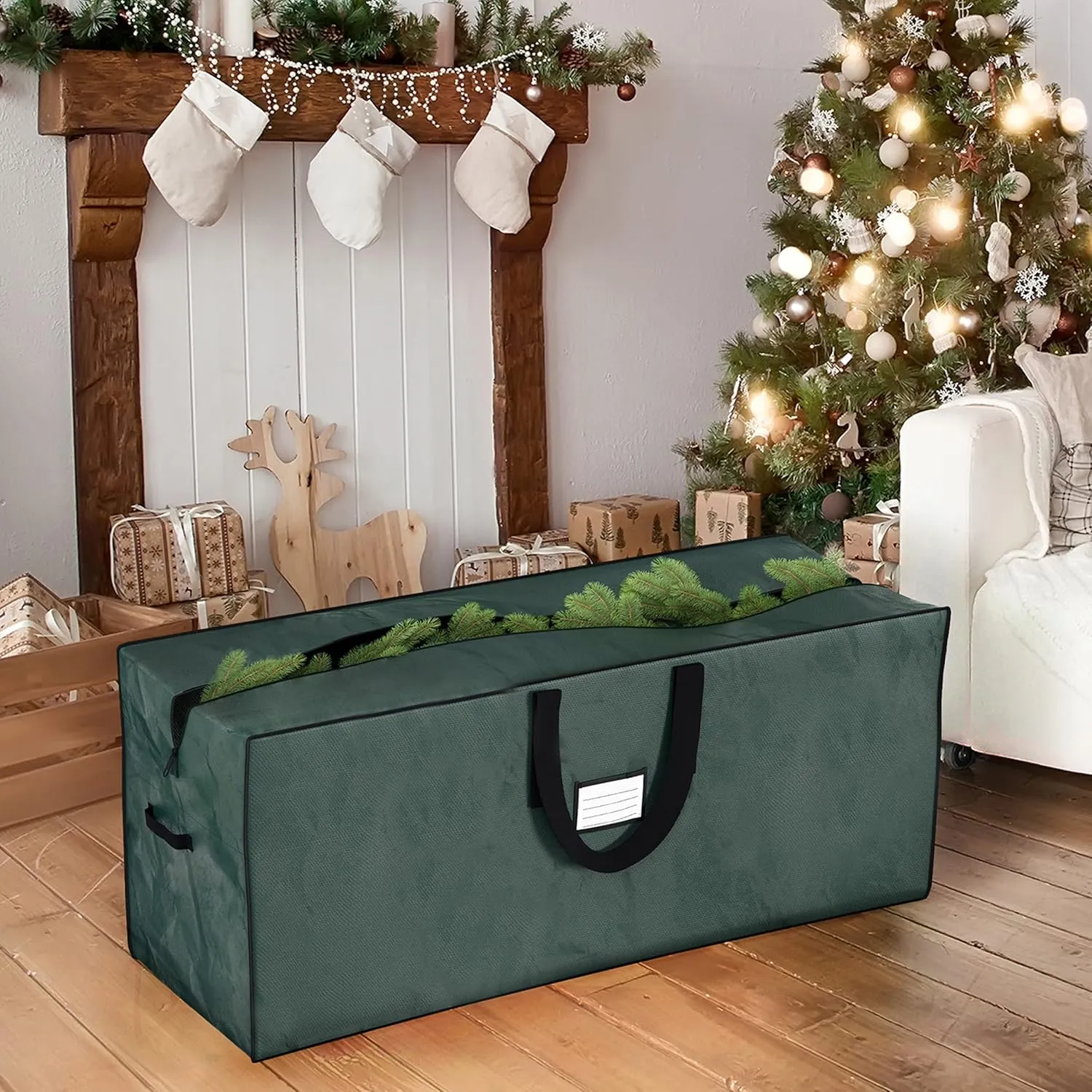 Christmas Tree Storage Bag-Fits up to 7.5 Foot Artificial Trees-Protects Holiday Decorations & Inflatables from Moisture & Damage by Elf Stor (Green)