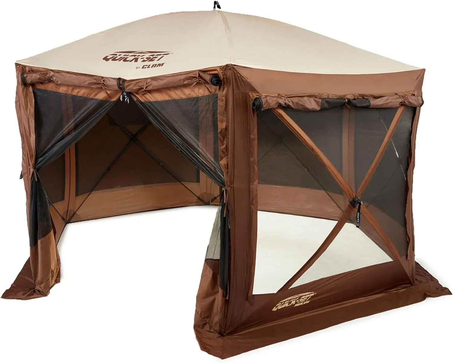 CLAM Quick Set Pavilion 12.5 x 12.5 Foot Portable Pop Up Outdoor Camping Gazebo Screen Tent Canopy Shelter and Carry Bag with Tarp Cover, Brown