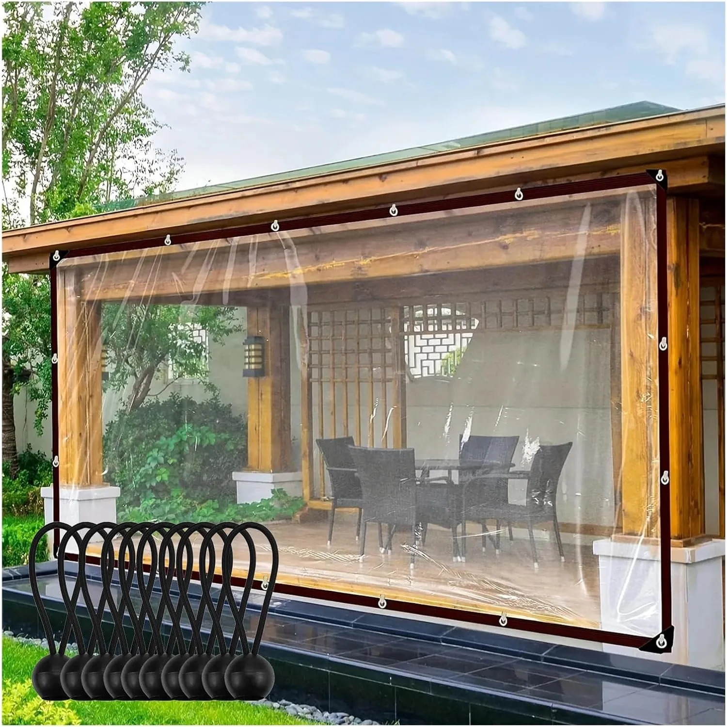 Clear Waterproof Tarpaulin Garden Windproof PVC Tarp 0.12mm Tarpaulin with Grommets and Elastic Cord (6.56x6.56'/2x2m)