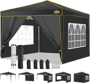 COBIZI 10x10 Pop up Canopy, Canopy Tent Gazebos, Ez up Canopy 10x10 for Parties Beach Camping Party Event Shelter Sun Shade with 4 Sidewalls & Carry Bag 4 Stakes & Ropes & Sandbags, Black