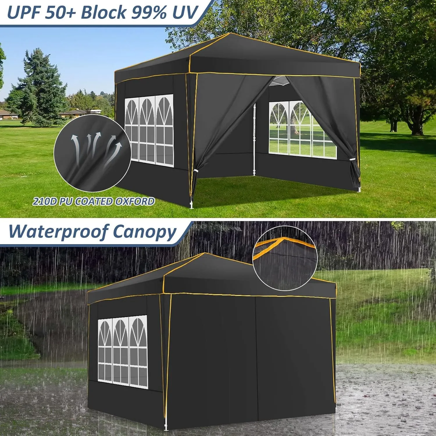 COBIZI 10x10 Pop up Canopy, Canopy Tent Gazebos, Ez up Canopy 10x10 for Parties Beach Camping Party Event Shelter Sun Shade with 4 Sidewalls & Carry Bag 4 Stakes & Ropes & Sandbags, Black
