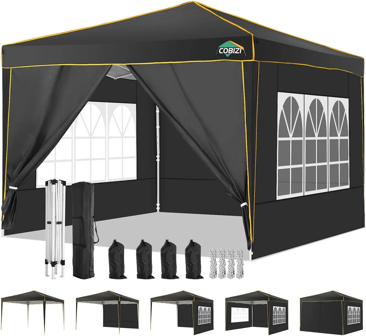COBIZI 10x10 Pop up Canopy, Canopy Tent Gazebos, Ez up Canopy 10x10 for Parties Beach Camping Party Event Shelter Sun Shade with 4 Sidewalls & Carry Bag 4 Stakes & Ropes & Sandbags, Black