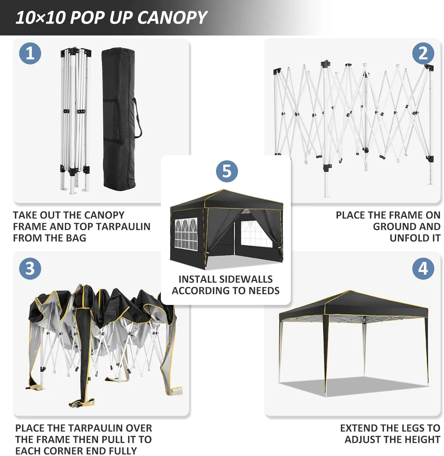 COBIZI 10x10 Pop up Canopy, Canopy Tent Gazebos, Ez up Canopy 10x10 for Parties Beach Camping Party Event Shelter Sun Shade with 4 Sidewalls & Carry Bag 4 Stakes & Ropes & Sandbags, Black