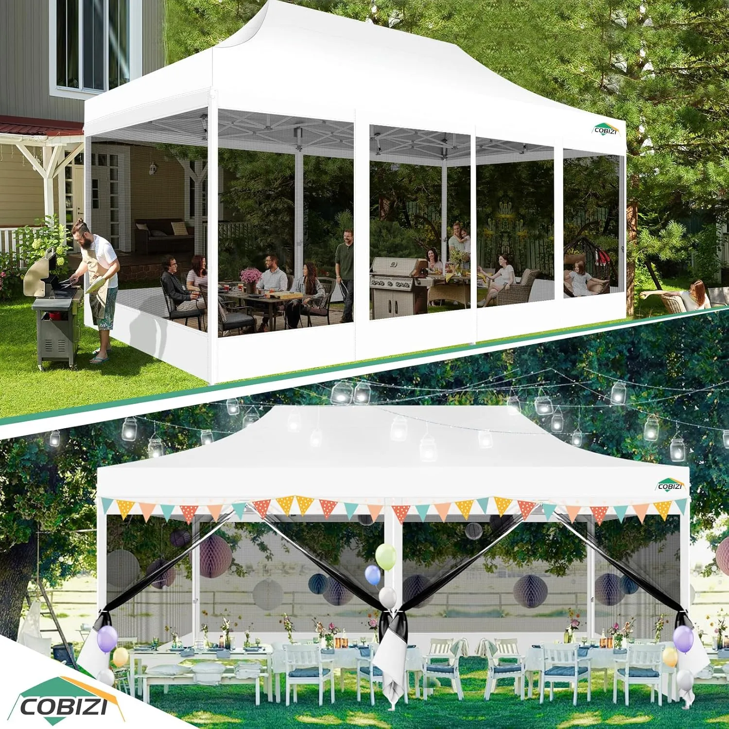 COBIZI 10x20 Canopy Tent with 6 Sidewalls,Heavy Duty Pop up Canopy with Mosquito Netting,Easy up Screen Tent for Parties Wedding Outdoor Patio with Roller Bag,White